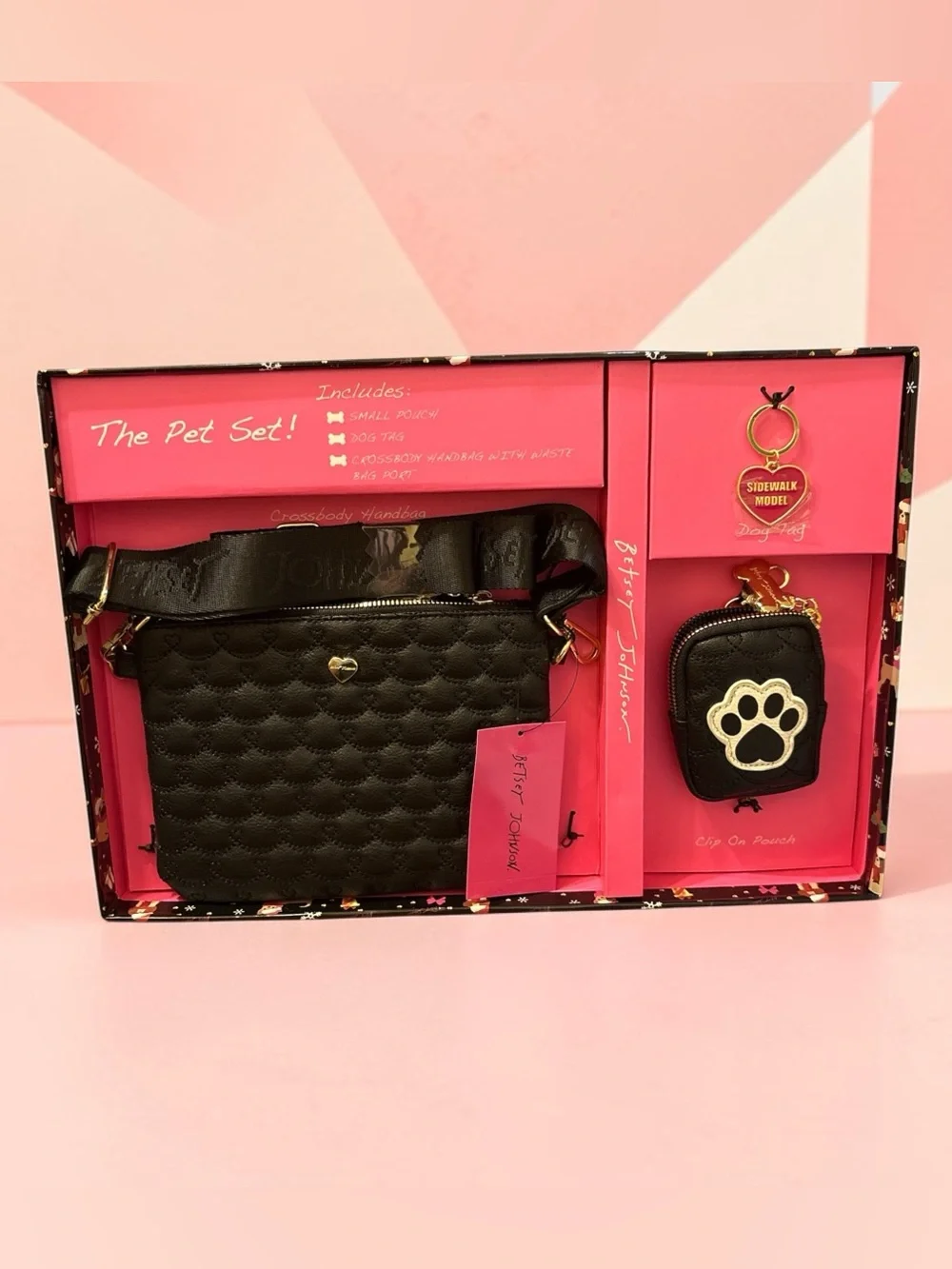 Betsey Johnson Black Quilted Crossbody, Paw Print Pouch & Key Chain NWT